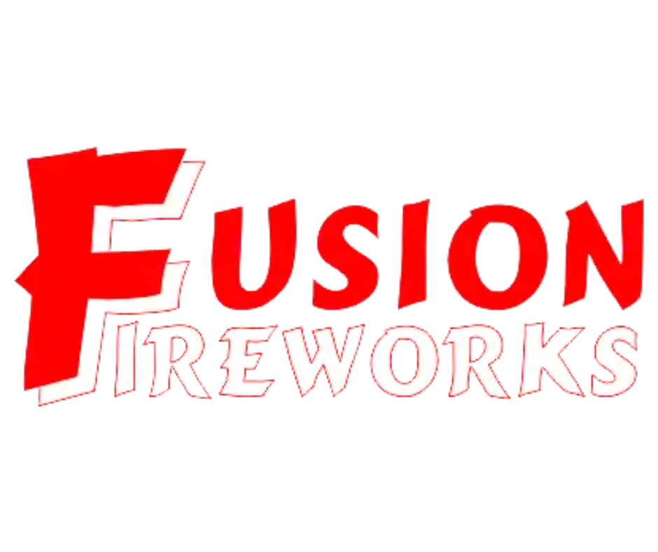 Red and white logo with the text "Fusion Fireworks" in bold letters.