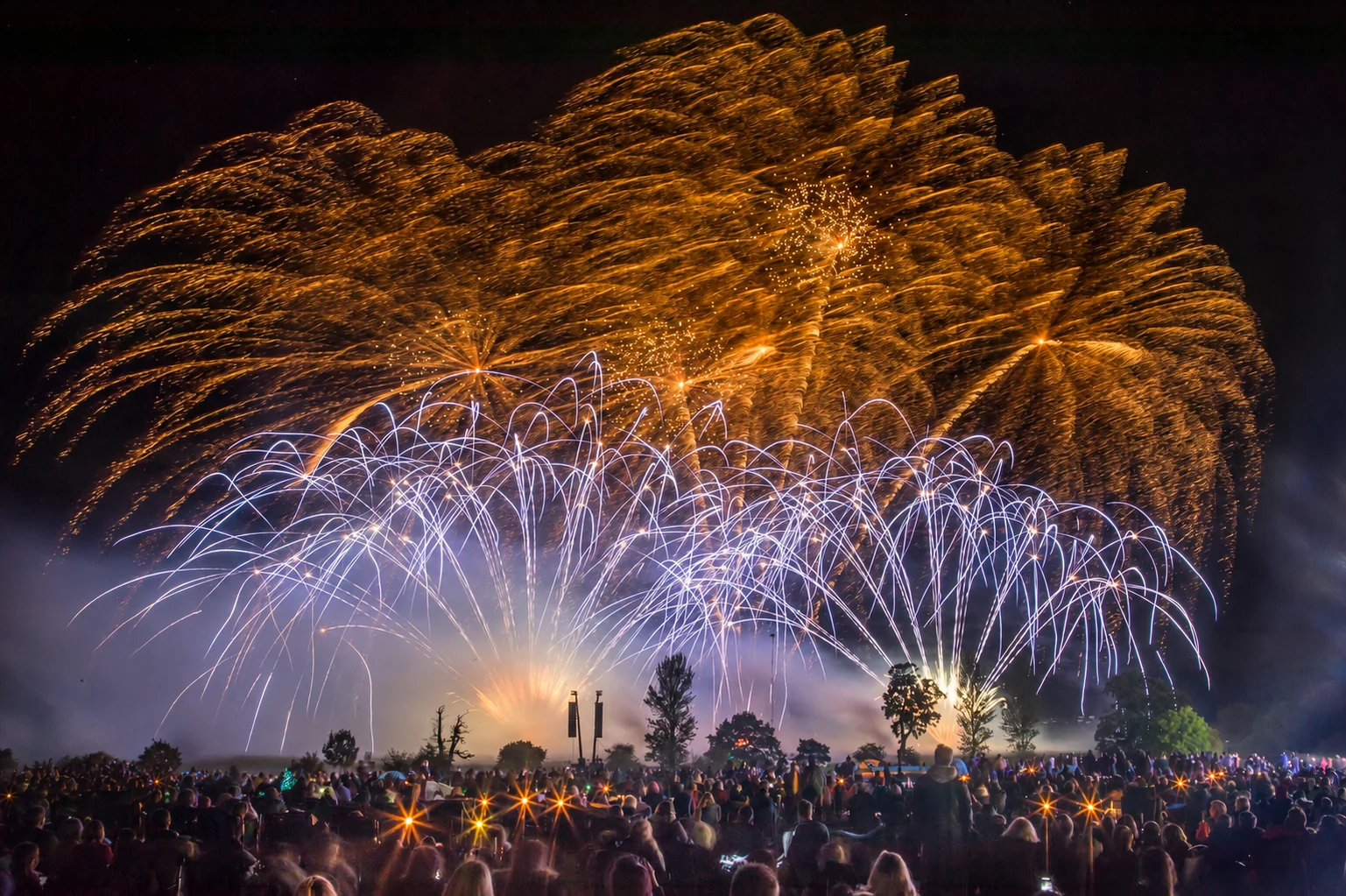 Golden fireworks and pale blue trails filling the sky above the Firework Champions crowd